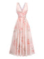 Robe longue rose imprimé floral col V croisé années 50