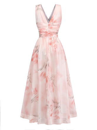 Robe Floral Portefeuille Longue Croisé V Col Rose Années 1950 2