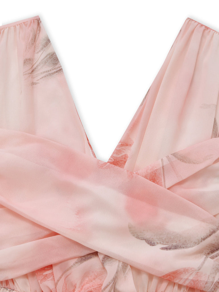 Robe Floral Portefeuille Longue Croisé V Col Rose Années 1950 3