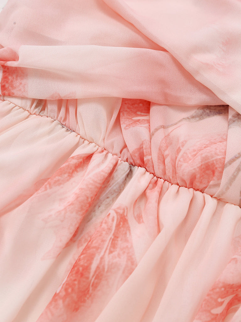 Robe Floral Portefeuille Longue Croisé V Col Rose Années 1950 4