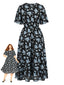 [Grande Taille] Robe évasée noire manches courtes et motif floral bleu années 1960