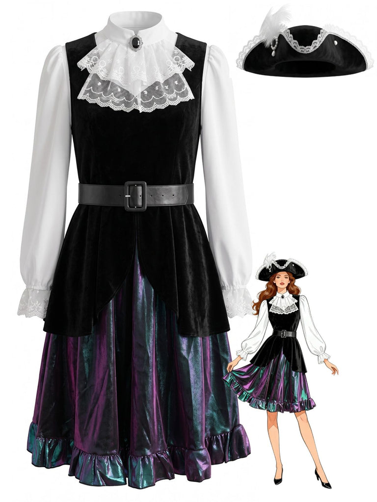Ensemble costume de pirate médiéval en velours, col en dentelle et ceinture années 1980
