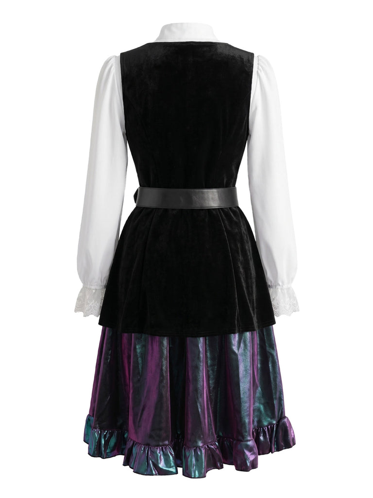Ensemble costume de pirate médiéval en velours, col en dentelle et ceinture années 1980