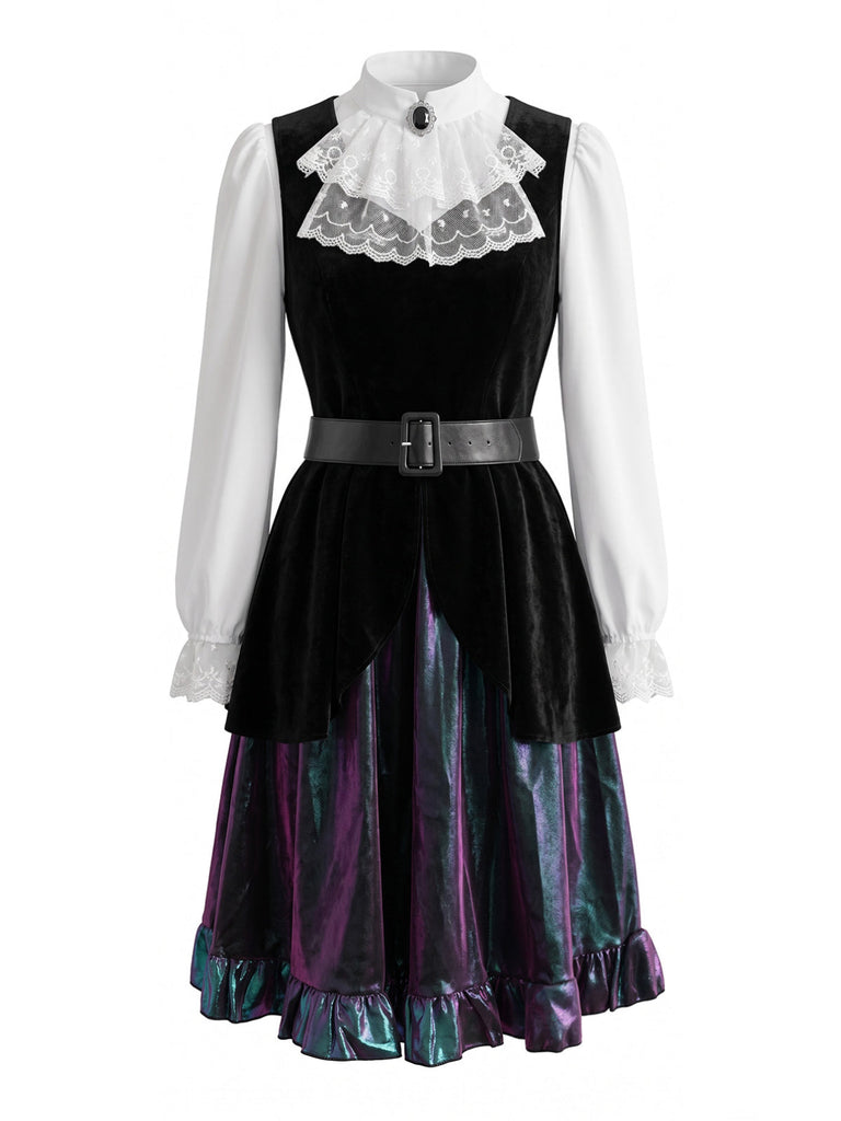 Ensemble costume de pirate médiéval en velours, col en dentelle et ceinture années 1980