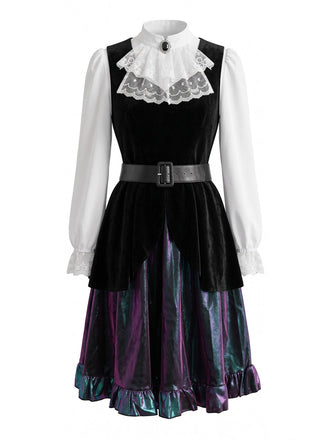 Ensemble costume de pirate médiéval en velours, col en dentelle et ceinture années 1980