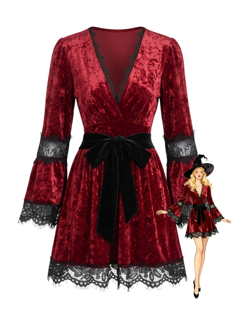 Robe Rouge en Dentelle Col V Gothique Années 1970