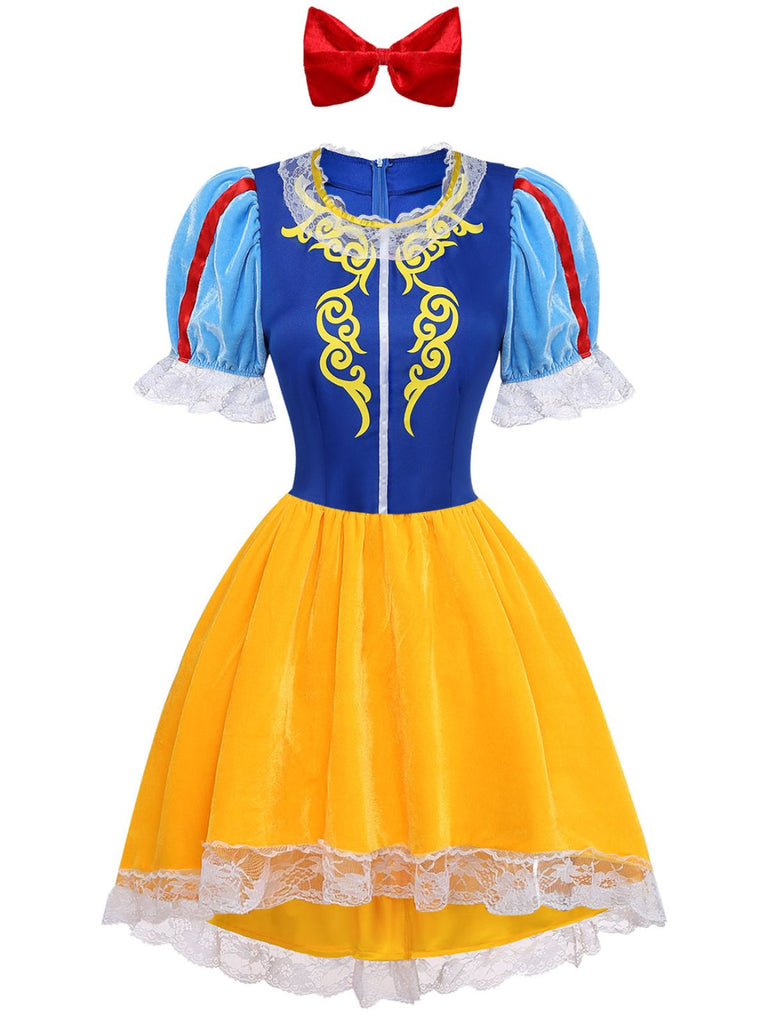 Robe de princesse de cosplay bleue et jaune à manches bouffantes années 1960