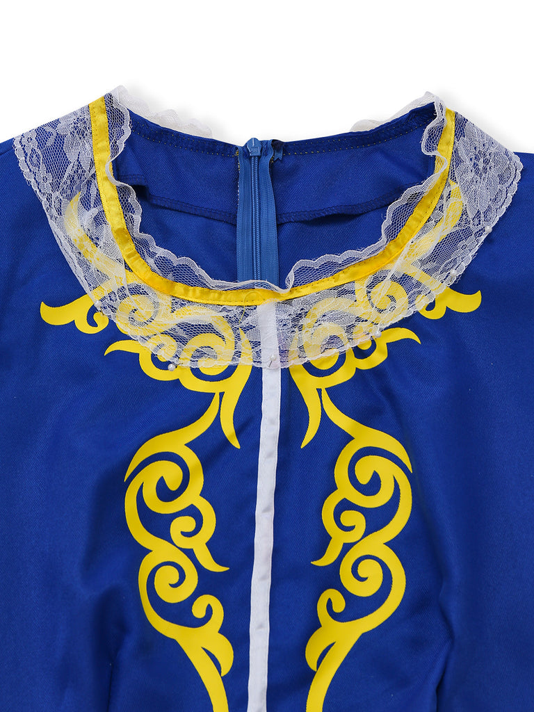 Robe de princesse de cosplay bleue et jaune à manches bouffantes années 1960