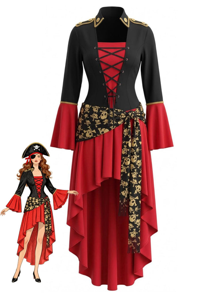 Robe Rouge et Noir Pirate Costume Lacé High Low Années 1940
