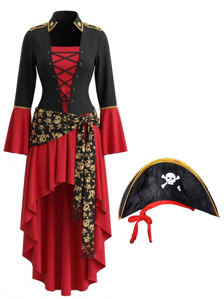 Robe Rouge et Noir Pirate Costume Lacé High Low Années 1940