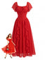 Robe Longue Rouge Mousseline Col Carré Volantées Années 1930