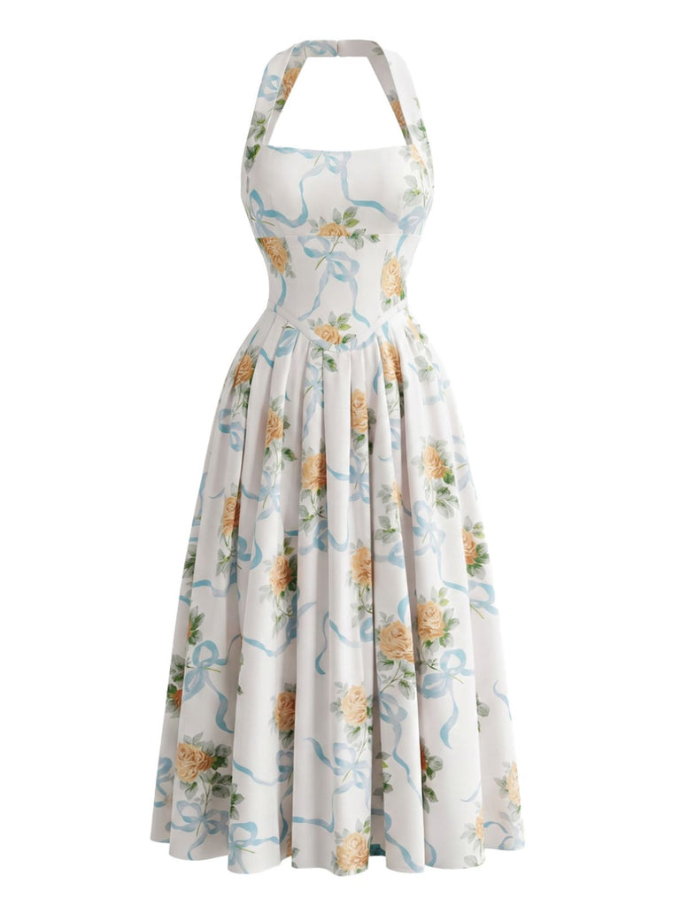 Robe Floral Halter Dos Nu Nœud Fendu Jaune Années 1930 2