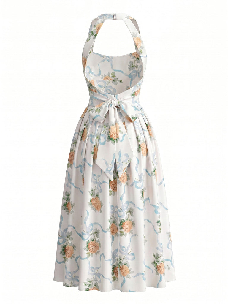 Robe Floral Halter Dos Nu Nœud Fendu Jaune Années 1930 3
