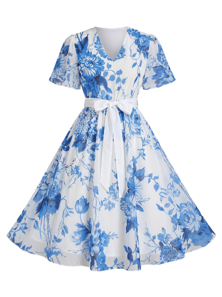 [Grande Taille] Grande Taille [] Floral Col V Ligne A Mousseline Années 1950
