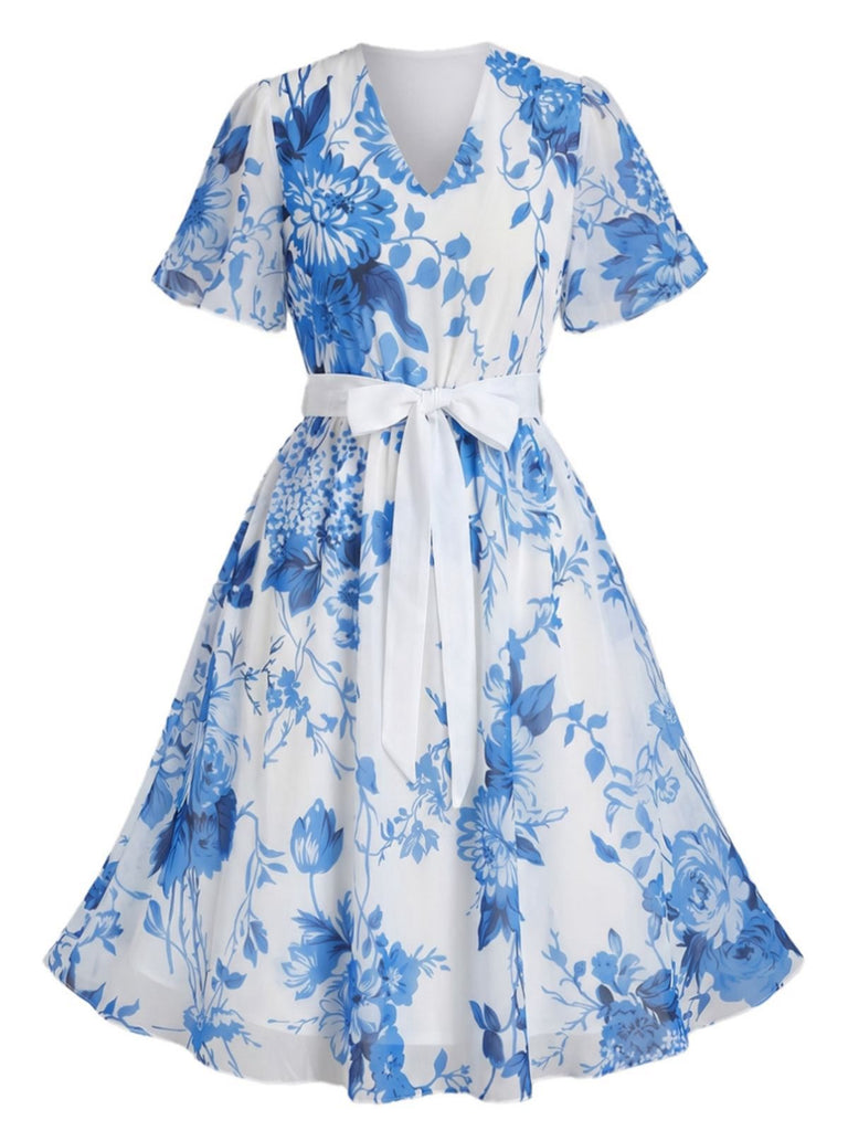 [Grande Taille] Robe Verte Floral Col V Mousseline Années 1950