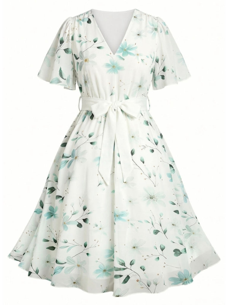 [Grande Taille] Robe Verte Floral Col V Mousseline Années 1950