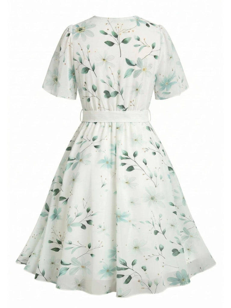 [Grande Taille] Robe Verte Floral Col V Mousseline Années 1950