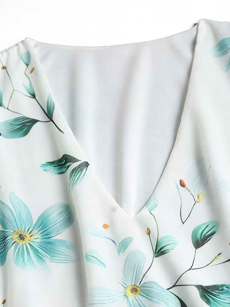 [Grande Taille] Robe Verte Floral Col V Mousseline Années 1950