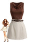 2PCS Haut Sans Manches Satin Col Tombant et Short Beige Années 1960
