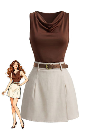 2PCS Haut Sans Manches Satin Col Tombant et Short Beige Années 1960