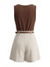 2PCS Haut Sans Manches Satin Col Tombant et Short Beige Années 1960