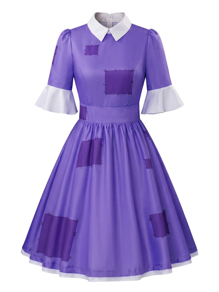 Robe Halloween Patchwork à Col Claudine Violet Années 1950