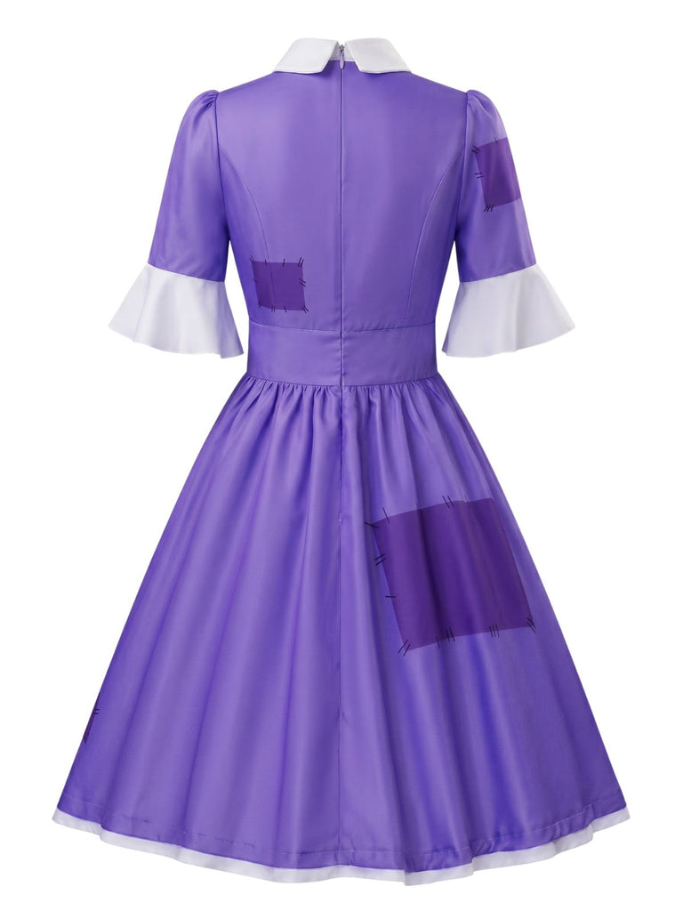 Robe Halloween Patchwork à Col Claudine Violet Années 1950