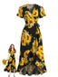 Robe noire coupe cache-cœur col V et motif tournesols années 40