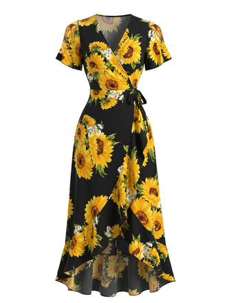 Robe Midi Col V Portefeuille Floral Tournesol Noire Années 40
