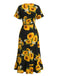 Robe Midi Col V Portefeuille Floral Tournesol Noire Années 40