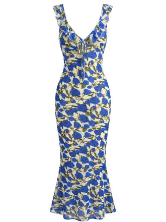 Robe Ajustée Dos-Nu Col V Floral Bleue Années 30