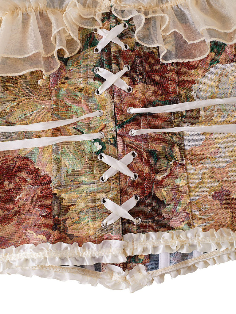 Corset Top à Laçage Floral Vintage Multicolore Années 50