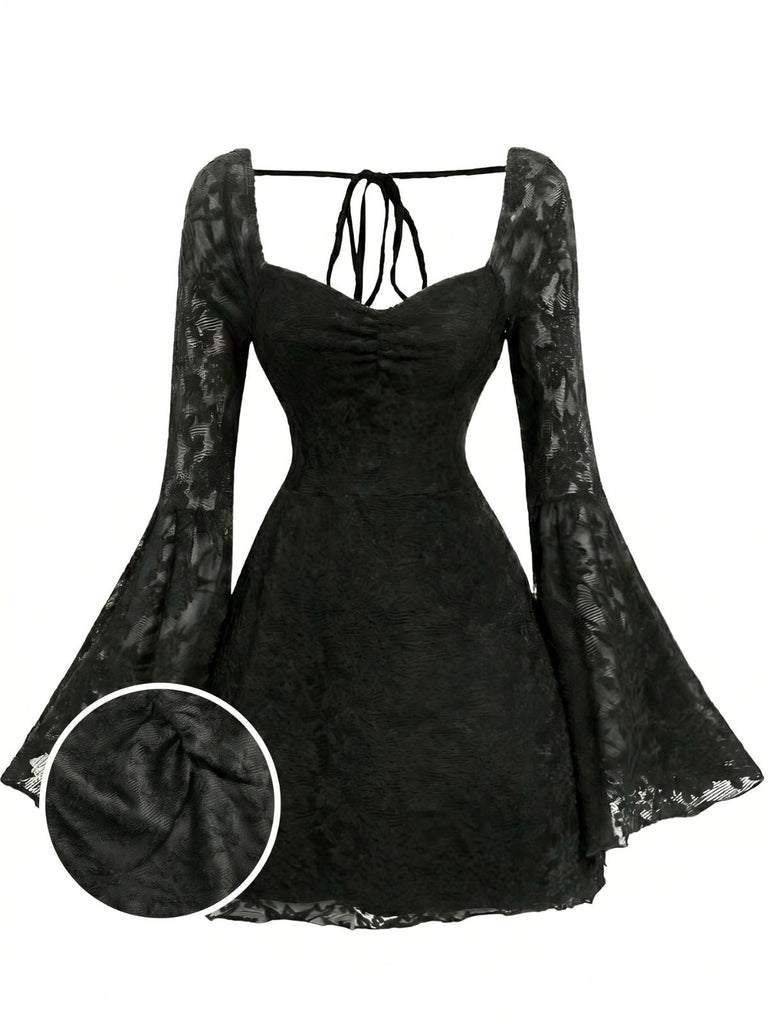 Robe Noir Dentelle Dos Nu Manches Évasées Années 1950