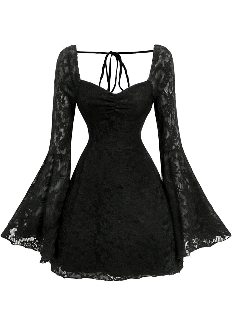 Robe Noir Dentelle Dos Nu Manches Évasées Années 1950 2