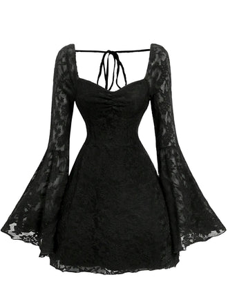 Robe Noir Dentelle Dos Nu Manches Évasées Années 1950 2