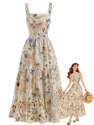 Robe Maxi à Étages Bretelles Spaghetti Col Carré Floral Années 40