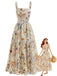 Robe Maxi à Étages Bretelles Spaghetti Col Carré Floral Années 40