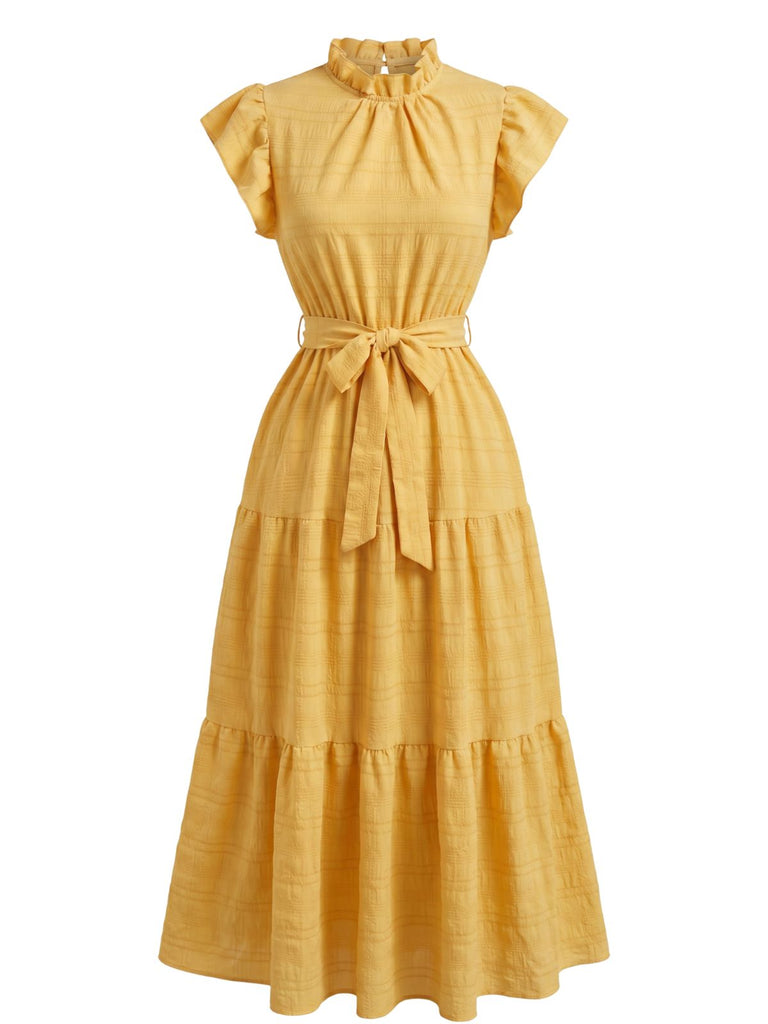 Robe Volant Col Montant Ceinturé à Étages Années 1940 2