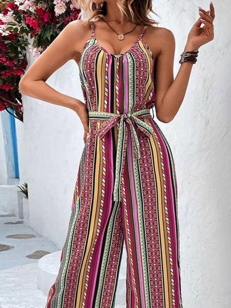 Combinaison Ceinturée à Jambes Larges Rayé Boho Multicolore Années 70