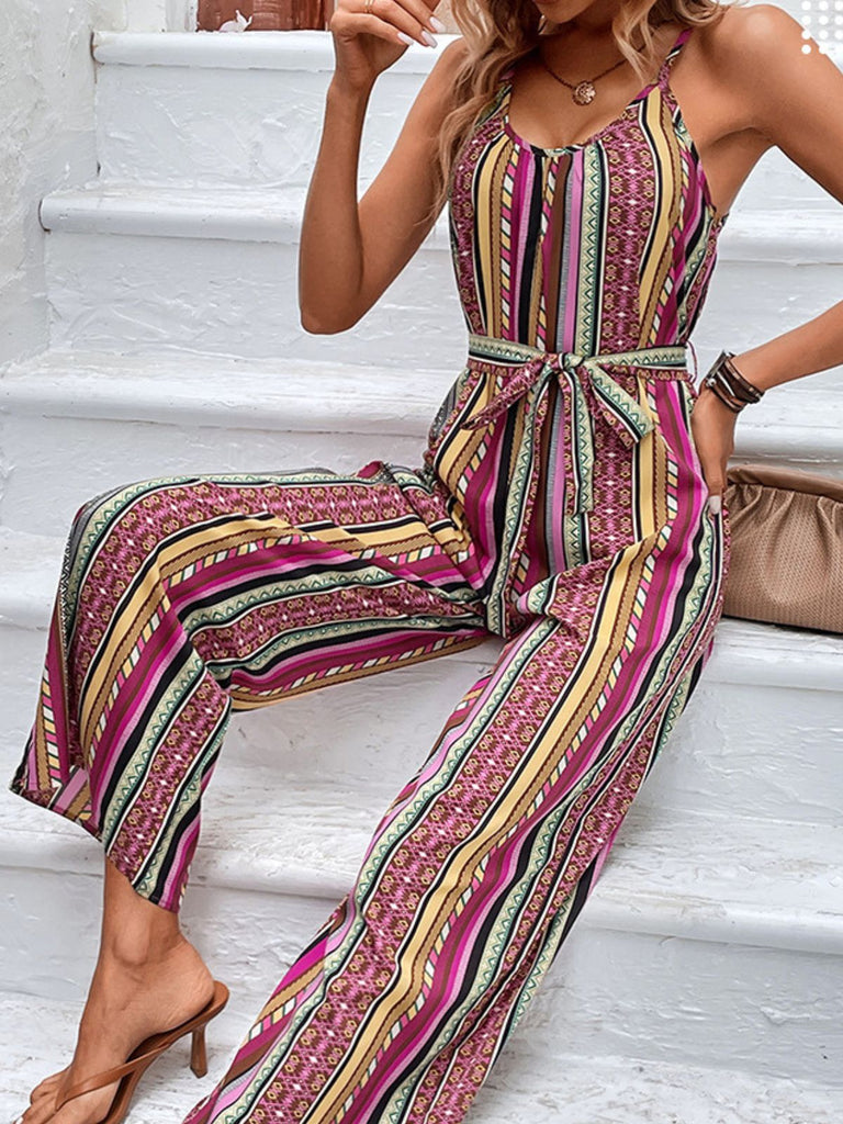Combinaison Ceinturée à Jambes Larges Rayé Boho Multicolore Années 70