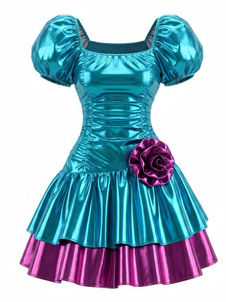 [Prévente] Robe Bleu Laser 3D-Floral à Étages Années 1980