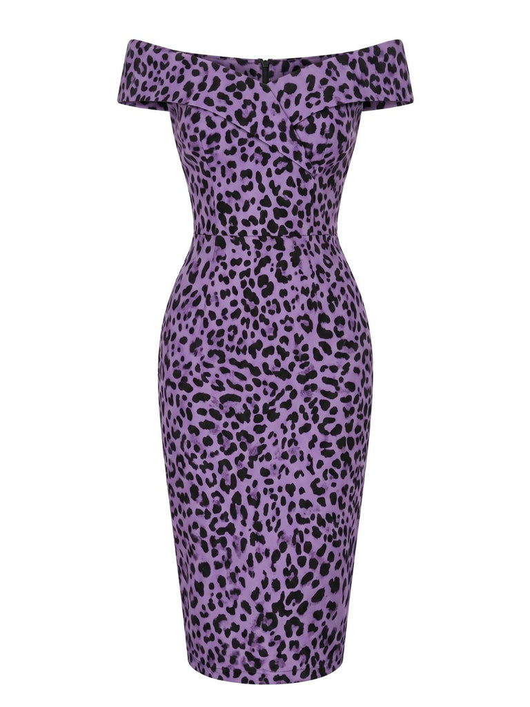 [Prévente] Robe Épaules Dénudées Léopard Rose Violet Années 60