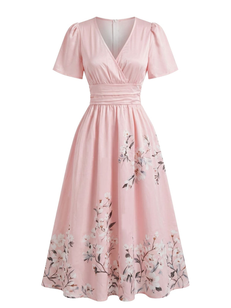 Robe Taille Haute Floral Col V Parapluie Années 1940 2