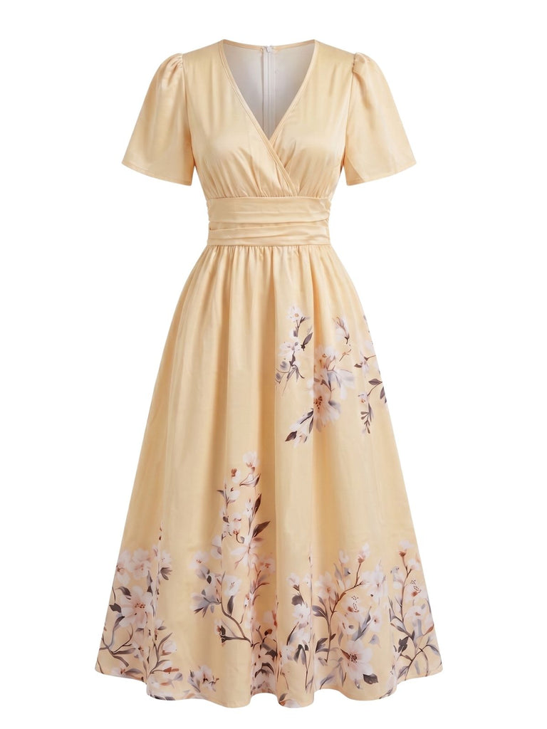 Robe Taille Haute Floral Col V Parapluie Années 1940 4