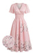 Robe évasée motif floral col V et taille haute années 40