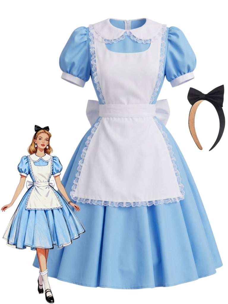 Ensemble de costume féerique avec robe à manches bouffantes et tablier années 1950