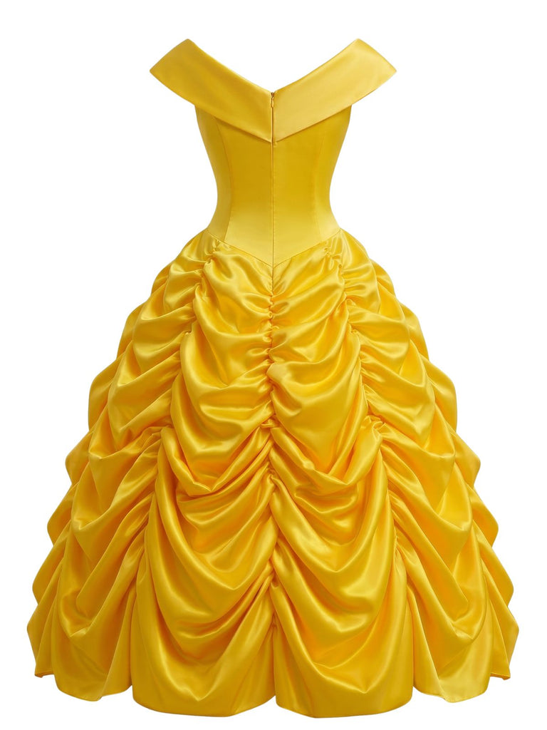 Ensemble robe jaune de princesse féerique à épaules dénudées et volants étagés Années 1950