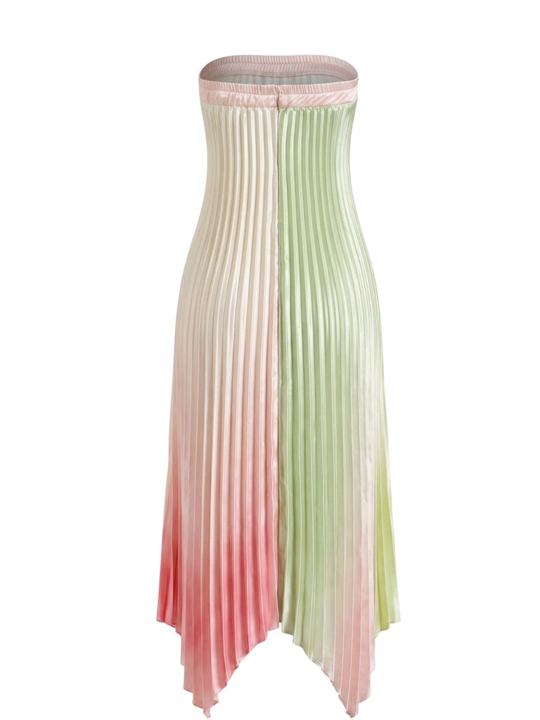 Robe longue rose et verte ombrée, plissée et sans bretelles à ourlet mouchoir années 1950
