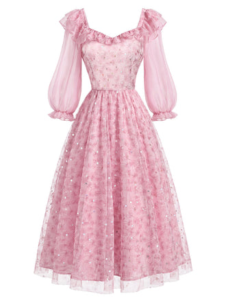 [Prévente] Robe rose en tulle floral à sequins et volants Années 1950