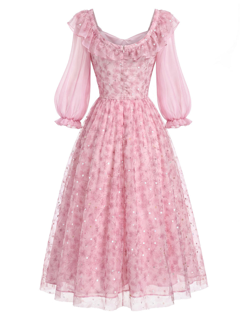 [Prévente] Robe rose en tulle floral à sequins et volants Années 1950